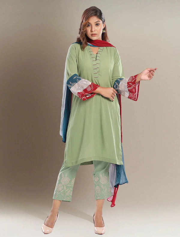 Embroidered 3pcs With Contrast Panel
