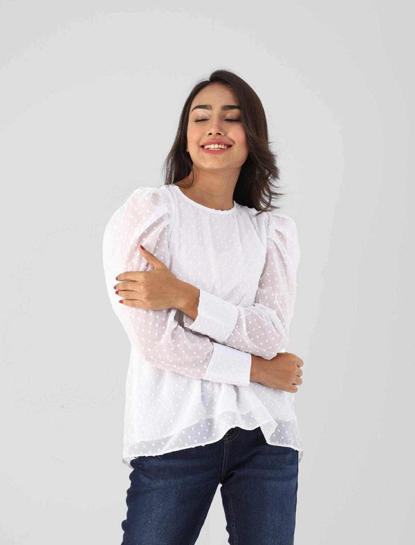 Puff-sleeved Jacquard Top - Blucheez