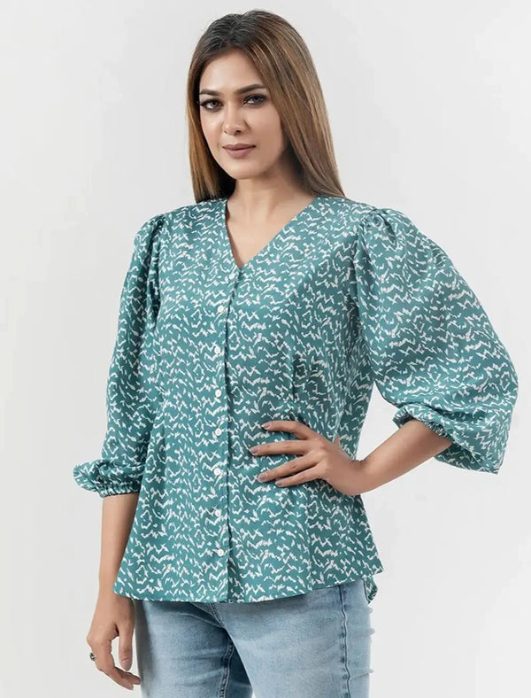 V-Neck With Puff Sleeve Printed Top - Blucheez